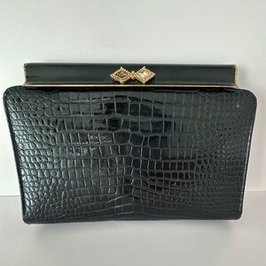 Vintage Black Patent Clutch Croc Embossed Gold Frame Red Lining (As Is)